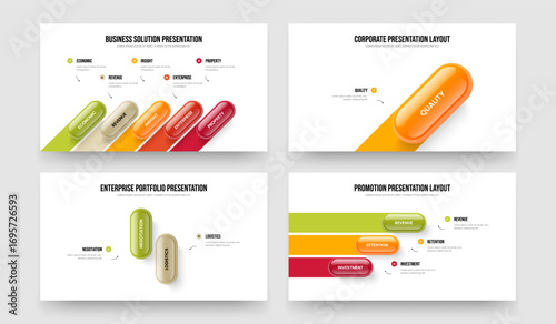 Investor Overview 5 1 2 3 Step Diagram Slide Template Set. Advertising Review Five One Two Three Element Infographic Slideshow Layout Vector Illustration Bundle.