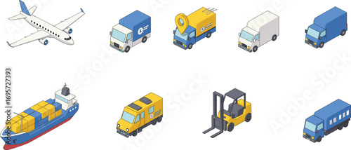 Transportation vehicles airplane cargo ship delivery trucks forklift logistics service, freight shipping, courier distribution, supply chain, cad drawing flat vector illustration