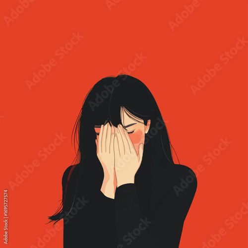 Woman Depressed, Hands Covering Face, Red Background, Anxiety, Stress, Sadness, Burnout, Mental Health, Emotional Pain, Depression, Vector Illustration , vector style simple color