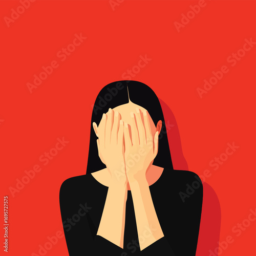 Woman Depressed, Hands Covering Face, Red Background, Anxiety, Stress, Sadness, Burnout, Mental Health, Emotional Pain, Depression, Vector Illustration , vector style simple color