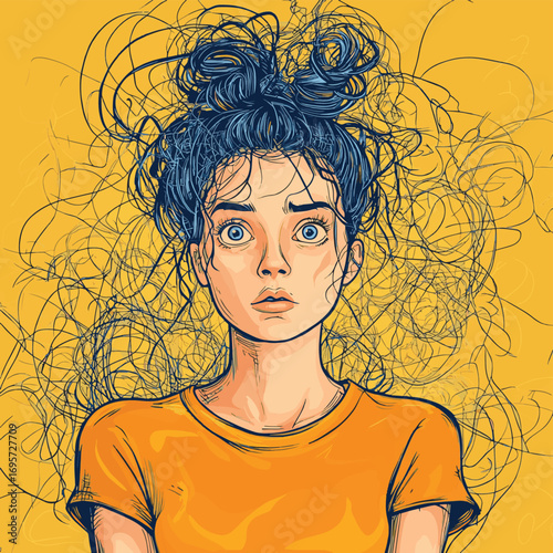 Anxious Young Woman with Tangled Thought Bubble Illustration