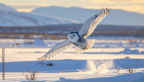 A magnificent snowy owl soars through a pristine winter landscape, showcasing its majestic beauty in flight.