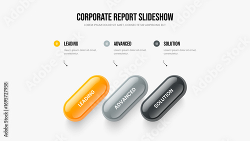 Market Planning Slideshow Layout Vector Illustration. Sales Innovation Three Step Diagram Frame Template. Service Overview 3 Option Infographic Slide Design.