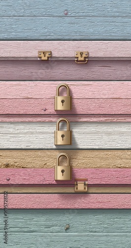Pastel-colored wooden planks with gold padlocks