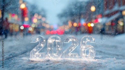 Winter celebration in a city with glowing numbers 2026 amidst falling snow