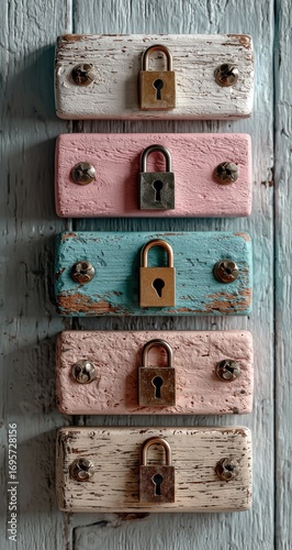 Colorful wooden blocks with padlocks