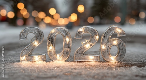 Illuminated numbers representing the year 2026 amidst a winter landscape at dusk with soft glowing lights