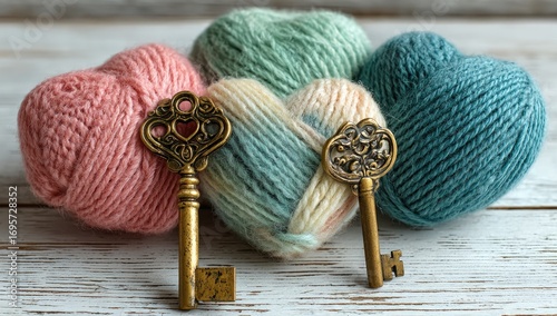 Three yarn hearts and antique keys
