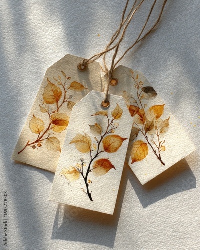 Watercolor leaf tags, light beige, warm tones