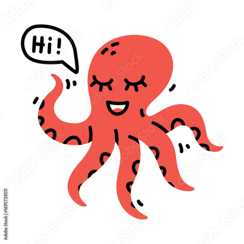Cute Octopus Underwater Animal with Smiling Face Vector Illustration