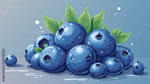 Vibrant Blueberries with Green Leaves and Glossy Water Droplets