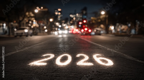 City street illuminated at night with the year 2026 painted on the pavement and city lights in the background