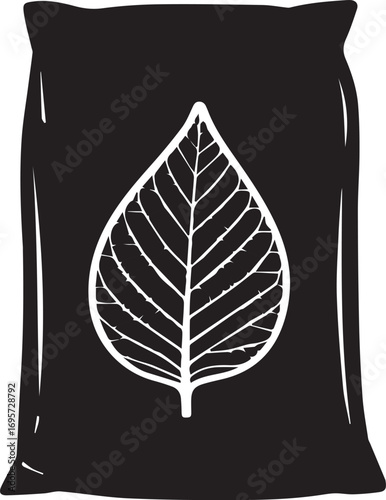 Modern tobacco leaf icon on black pouch, a classic symbol of traditional smoking culture and relaxation, ideal for designs promoting rustic charm and vintage vibes