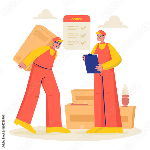 Moving Workers Carrying Boxes and Checklist Vector Illustration