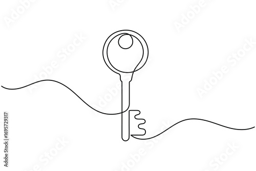 Continuous line art of a key with label icon for security and access concept
