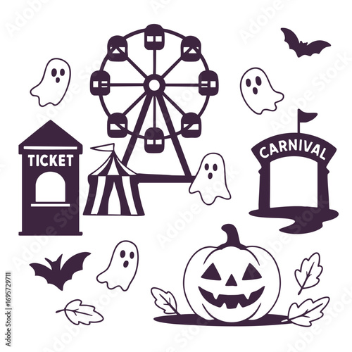 Halloween carnival with ghosts and Ferris wheel  coloring, coloring book, coloring page