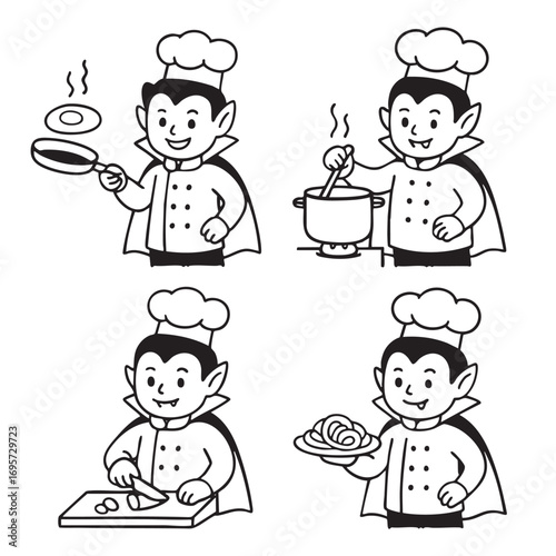 Vampire chef cooking in various poses, black and white  coloring, coloring book, coloring page