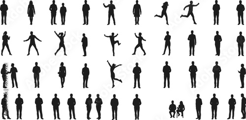 silhouette people vector, standing walking sitting poses, male female human figures, business casual style, cad drawing flat vector illustration