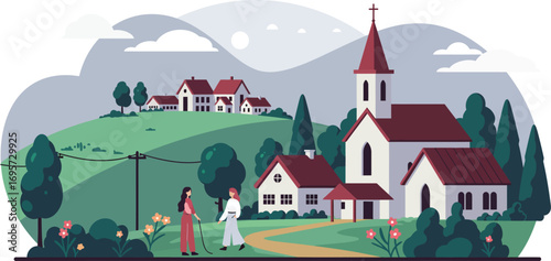 a quaint village scene with church houses hills and people