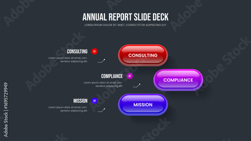 Corporate Visualization Three Element Infographic Presentation Layout. Professional Review 3 Option Diagram Slideshow Design. Consulting Plan Frame Template Vector Illustration.