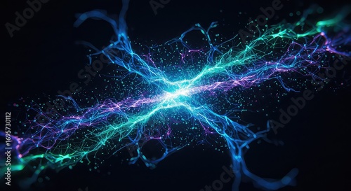 Abstract visualization of energy particles colliding and expanding in a vibrant cosmic display of blue and purple light.