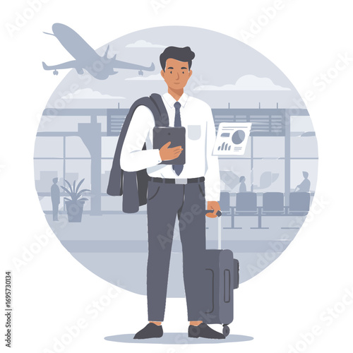 Businessman at airport with luggage and tablet, travel and business concept