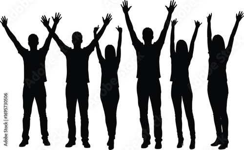 Silhouetted group of people raising arms in celebration, unity, and joy on white background – vector concept for teamwork success