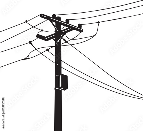 Detailed line art of a vintage wooden utility pole with power lines, showing infrastructure and energy distribution, suitable for technical diagrams or historical illustrations