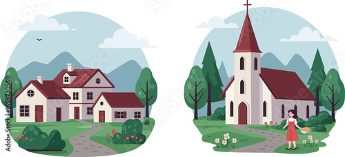 a cozy house and charming church nestled among green trees