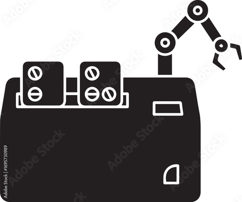 Modern robotic arm sorting pills for pharmaceutical industry, sleek automated medical technology in minimalist black and white design, advanced medicine concept