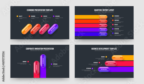 Product Report Four Five Two Three Option Diagram Slide Design Vector Illustration Set. Sales Visualization 4 5 2 3 Element Infographic Frame Template Bundle.