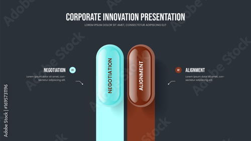 Service Development Two Element Infographic Slideshow Layout. Company Analysis 2 Option Diagram Presentation Template. Visual Innovation Frame Design Vector Illustration.