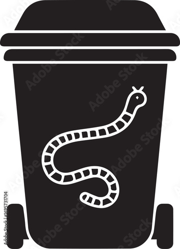 Slithering snake icon on a trash bin, symbol for something being bad or undesirable, symbolizing environmental issues, waste management dangers, and social commentary art