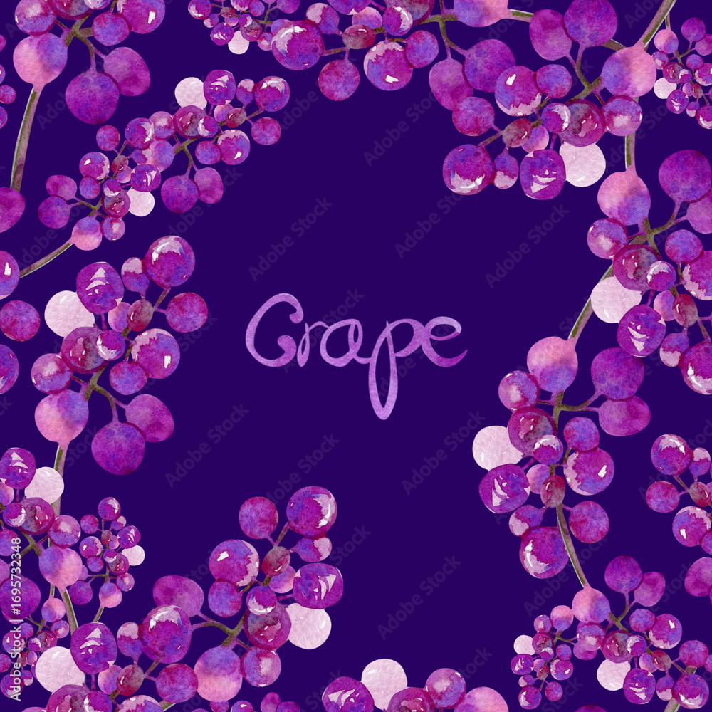 Fototapeta premium Watercolor grape seamless fruit frame pattern on purple background