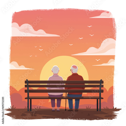 An older couple enjoys a beautiful vibrant sunset from a park bench, a flat 2D vector illustration symbolizing retirement and peaceful golden years.