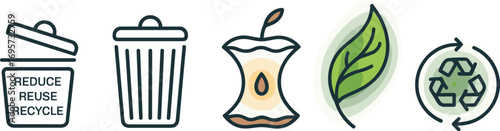 Eco recycling vector illustration with trash bin, compost apple core, green leaf and recycle symbol in flat outline color isolated design set