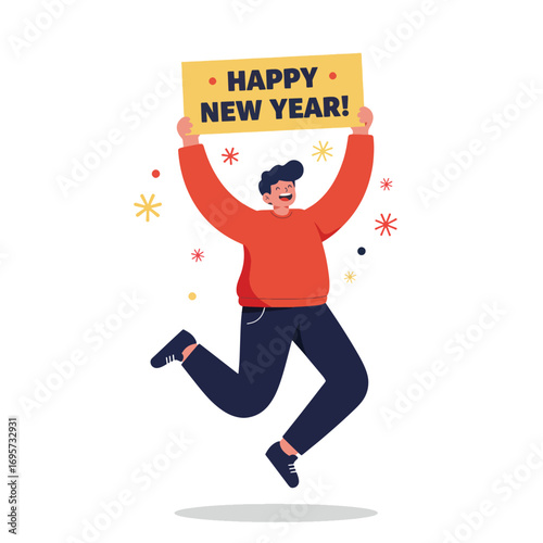 A joyful person jumps while holding a Happy New Year sign