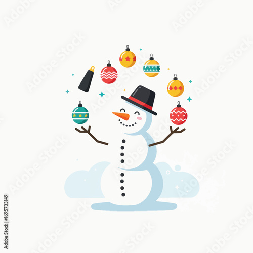 A snowman juggles Christmas ornaments and a black object