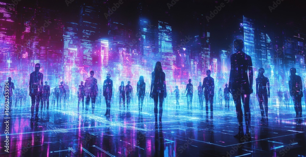 Fototapeta premium Digital silhouettes of futuristic figures in vibrant holographic neon cityscape