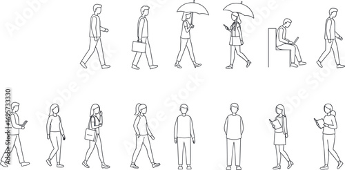 People walking, casual lifestyle, business commute, reading smartphone, using laptop, umbrella rain scene, human figure outline, cad drawing flat vector illustration