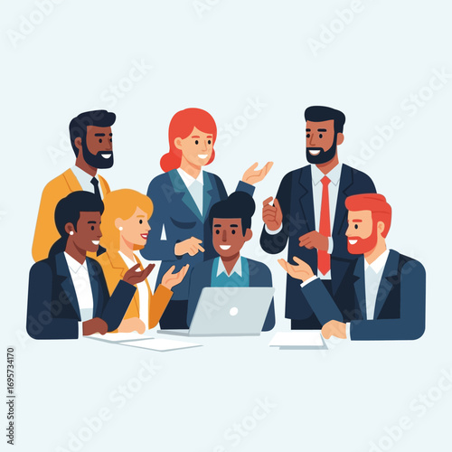 Diverse business professionals engaged in a collaborative meeting around a laptop.