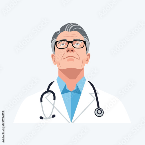 Thoughtful senior doctor in white coat, looking upward, contemplating.