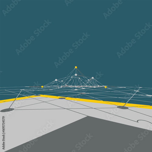 Abstract network visualization; interconnected nodes and lines form a central structure above a flat, textured plane.