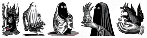 PNG Whimsical vintage ghosts and creatures, element set on transparent background