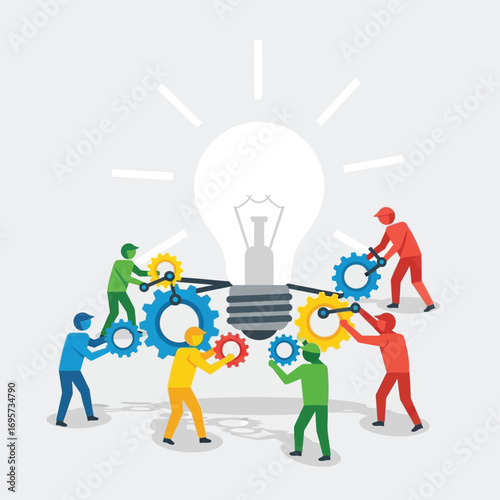 Team collaboration ignites innovative ideas, symbolized by interconnected gears powering a bright lightbulb.