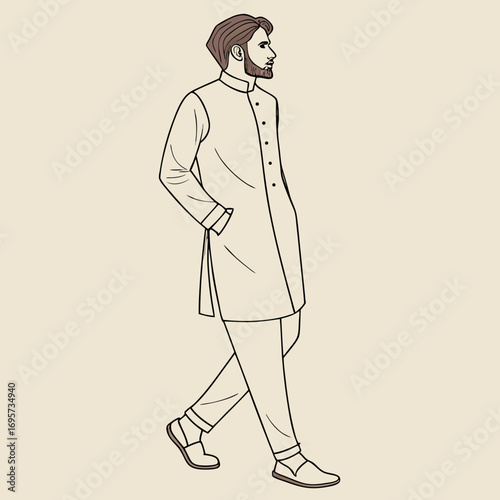 Illustration of a man with a beard in a sherwani walking with hand in pocket