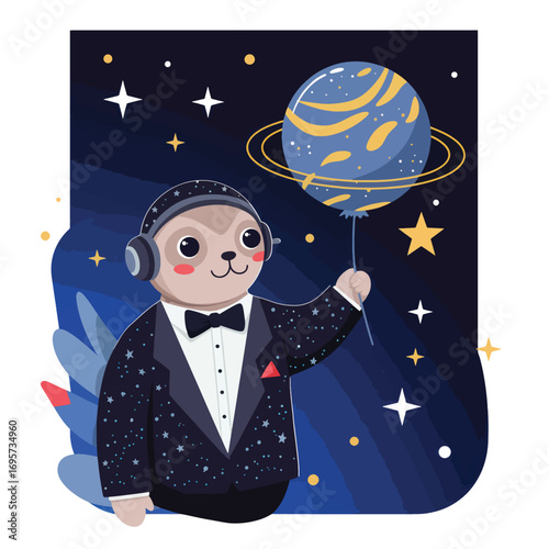A sloth in a tuxedo holds a planet balloon in space