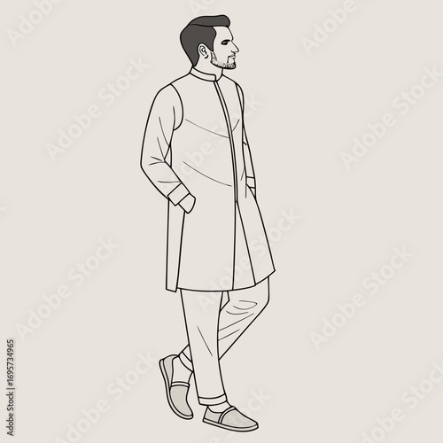 Illustration of a man in a sherwani walking with his hand in his pocket