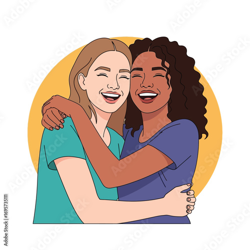 Two diverse women embracing and laughing joyfully, set against a yellow circle.