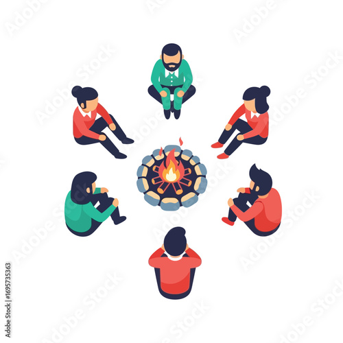 A group of people sitting in a circle around a campfire, depicted in a flat, isometric style.